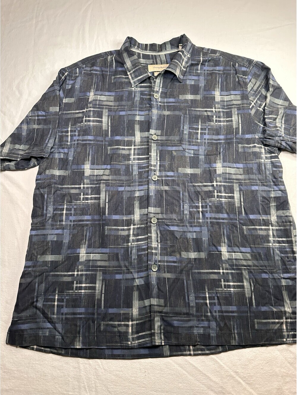 Tommy Bahama XLarge Silk Short Sleeve Button Down Shirt Blue Geometric Print